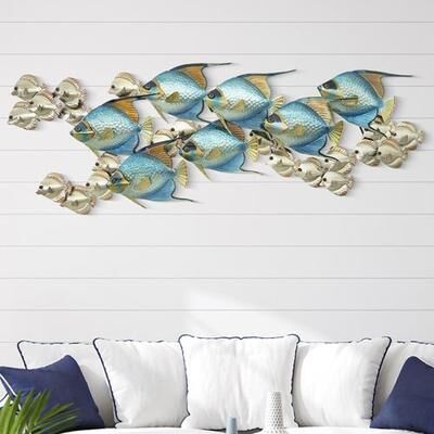 T.i./New Metal Design Horizontal Angelfish School with Tangs Wall Sculpture Blue , Blue