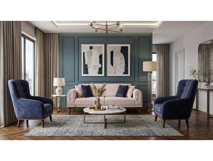 Xlmoebel Polstergarnitur Blau-beiges Wohnzimmer-Set Sofas Stoffsofas modern Designermöbel, (3-tlg., 2-1)