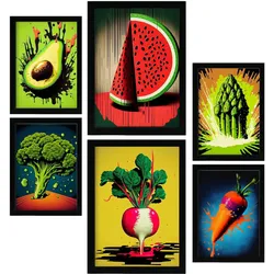 POSTER Set Mit 6 Ausgewogene Ernährung Vollfarbige Plakate Von Obst, Gemüse Und Gesunden Lebensmitteln Im Urban Art Stil A3 & A4 Schwarzer Rahmen