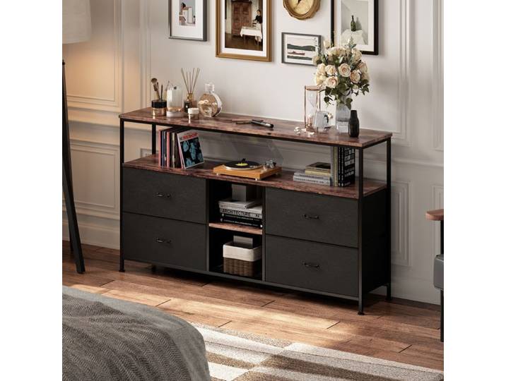 Meuble TV - ADWOLT - 137cm - 4 Tiroirs PU Noir - Éclairage RGB - Pieds Réglables
