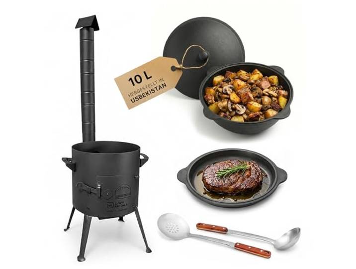 Utschak Ø36cm 2mm Stahl Abzugsrohr Aschekasten Gusseisen Kazan 10L Zubehör Set Outdoor Küche Campingofen Feldküche Dutch Oven BBQ Lagerfeuer Eintopfofen mit Schaumkelle Suppenkelle Schöpflöffel