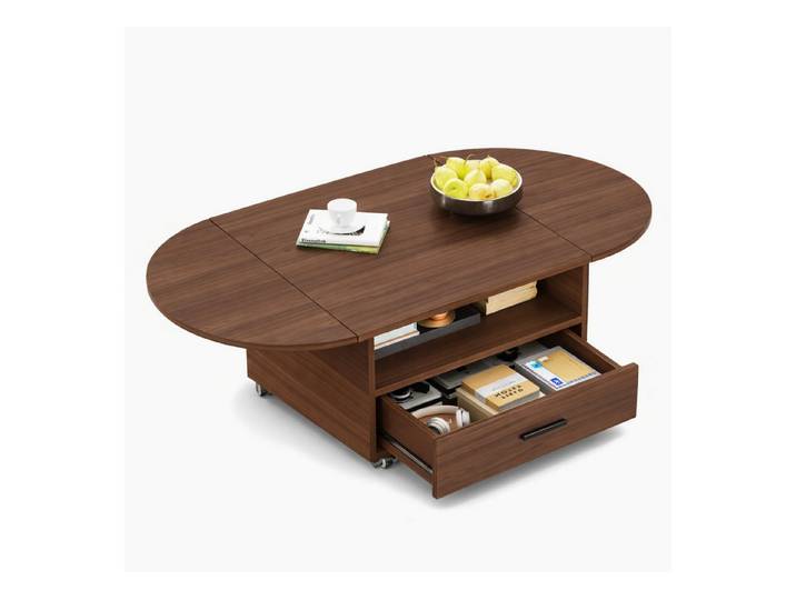 mukuhi Couchtisch COUCHTISCH Klappbar MDF Walnuss Optik mit Schublade Rollen