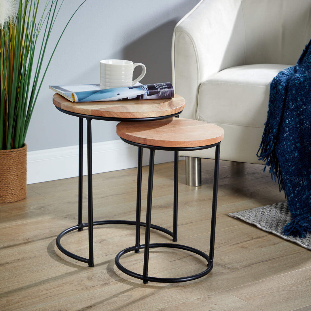 Borough Wharf Adrienn Solid Wood Round Nest of Side End Tables Natural Wood 45cm H X 38cm W X 38cm D
