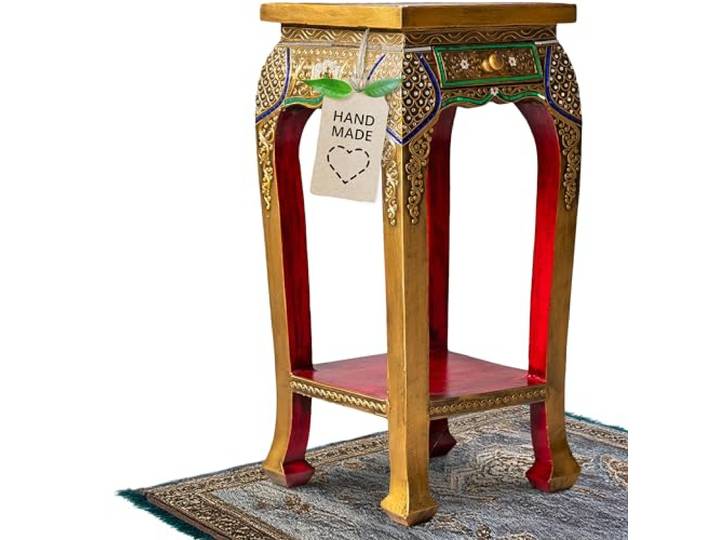 livasia Opiumtisch aus Massivholz – 35x35x75cm – Handgeschnitzter Beistelltisch Holz aus Thailand, Nachhaltig, das besondere Wohnhighlight mit Glasmosaik