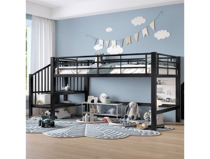 DRIPEX Lit mezzanine en fer mi-hauteur 90x200cm Lit en Métal avec escalier de rangement noir