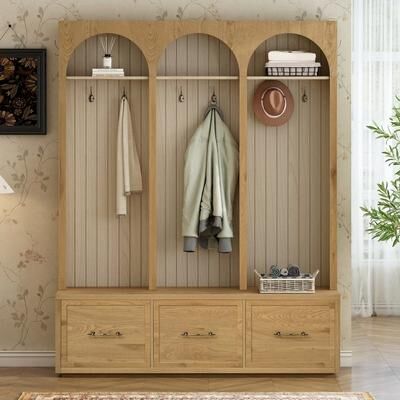 "Farmhouse Arched 59"" Wide Hall Tree with Bench and Storage, Rustic Entryway Coat Rack & Shoe Organizer with Drawers"