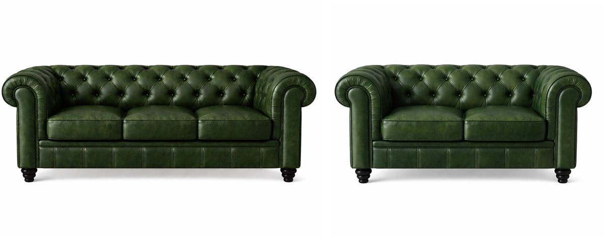 Chesterfield Banken Set van 2 en 3 Zits in Groen Vintage Leder