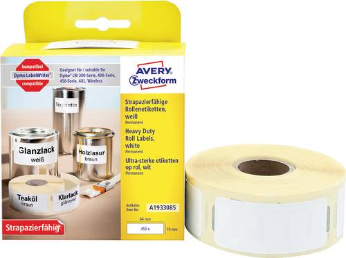 Avery-Zweckform Etiketten Rolle 19 x 64mm Folie Weiß 450 St. Permanent haftend A1933085 Universal-Etiketten