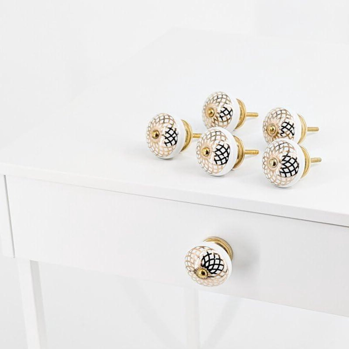 Meubelknop Set van 6 stuks - Keramiek - Wit Goud - Filigraan Decoratie