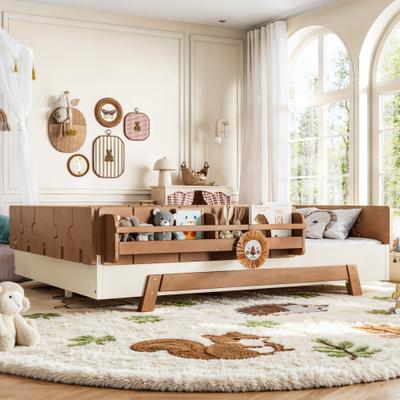 GREATPLANINC Low-Profile Wood Montessori Bed Platform Bed with Guardrails Bookshelves
