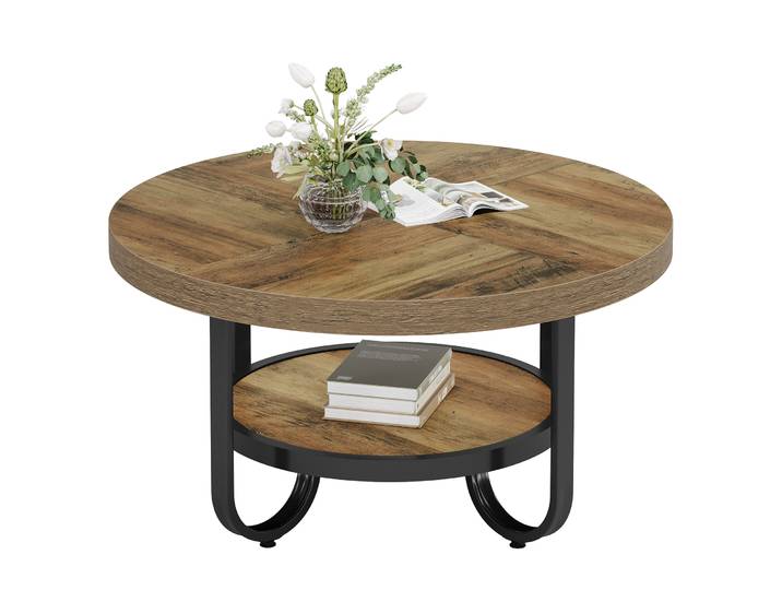 Tribesigns Table basse ronde pour salon, table centrale à 2 niveaux avec étagère de rangement, table à thé industrielle pour cocktail de 31,1 pouces avec
