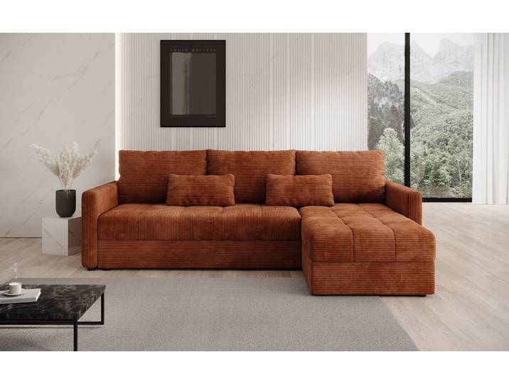 Designer Ecksofa Roma in Cord mit Schlaf- und Klappfunktion - Orange - Rechts - Cord - Luxusbetten24
