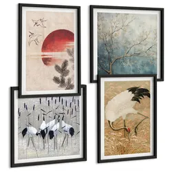 BILDER SET 4er Set - 50x50 cm & 40x60 cm Schwarzer Rahmen - Japanische Kraniche Landschaft