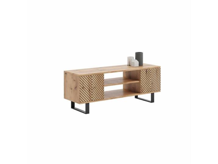 KOBI S.C. TV-Schrank TV-Lowboard Focus 135 cm Eiche Craft Loft mit Fischgrät-Print und Meta