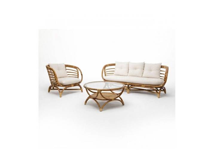 Ensemble salon set de 3 meubles de salon en rotin et verre trempé coloris naturel