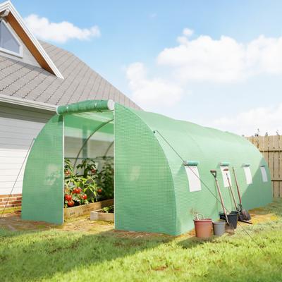 Outsunny Tunnel Greenhouse with 2 Support Rods, Walk-in Greenhouse with PE Cover, Galvanized Steel Frame for Garden