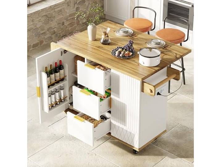 Aunvla Küchenwagen-Set mit Barhockern, mobiler Kücheninselschrank mit Stromanschluss & ergonomischen Barhockern, Weiß-Holzoptik