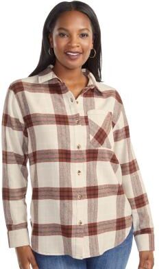 Masseys Lived-In Flannel Shirt Casual in Chocolate/Neutral Plaid, Size Small, Cotton/Flannel
