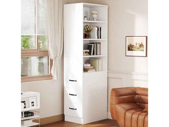 Bibliothèque blanche étroite 180 cm avec 3 tiroirs et 4 niches en panneau de particules