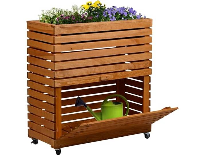 dobar® Großes Hochbeet Rolla aus Massivholz Gr. L mit Rollen - Erhöhtes Beet mit Staufach - 72 x 32,5 x 78 cm - Braun