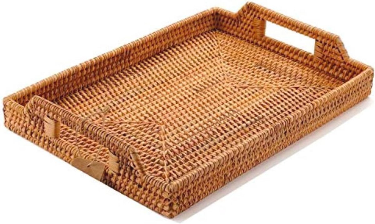 Handgevlochten rotan rechthoekig dienblad met handgrepen