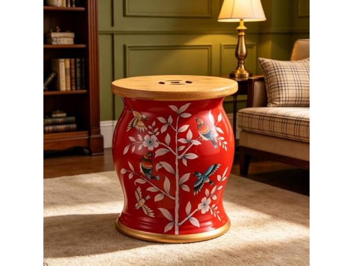Chinoiserie Keramik Gartenhocker mit Stauraum,Dekorativer Trommelhocker Keramik Trommelhocker Chinoiserie mit Abdeckung,Mehrzweck Hocker, Beistelltisch für Wohnzimmer Foyer, Terrasse(8)