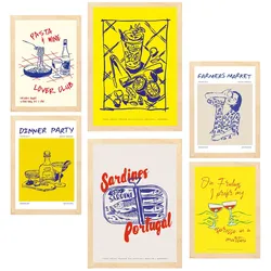 POSTER Set Mit 6 Von Lebensmitteln & Essen Im Gelben Pop Art A3 & A4 Rahmen Aus Hellem Holz