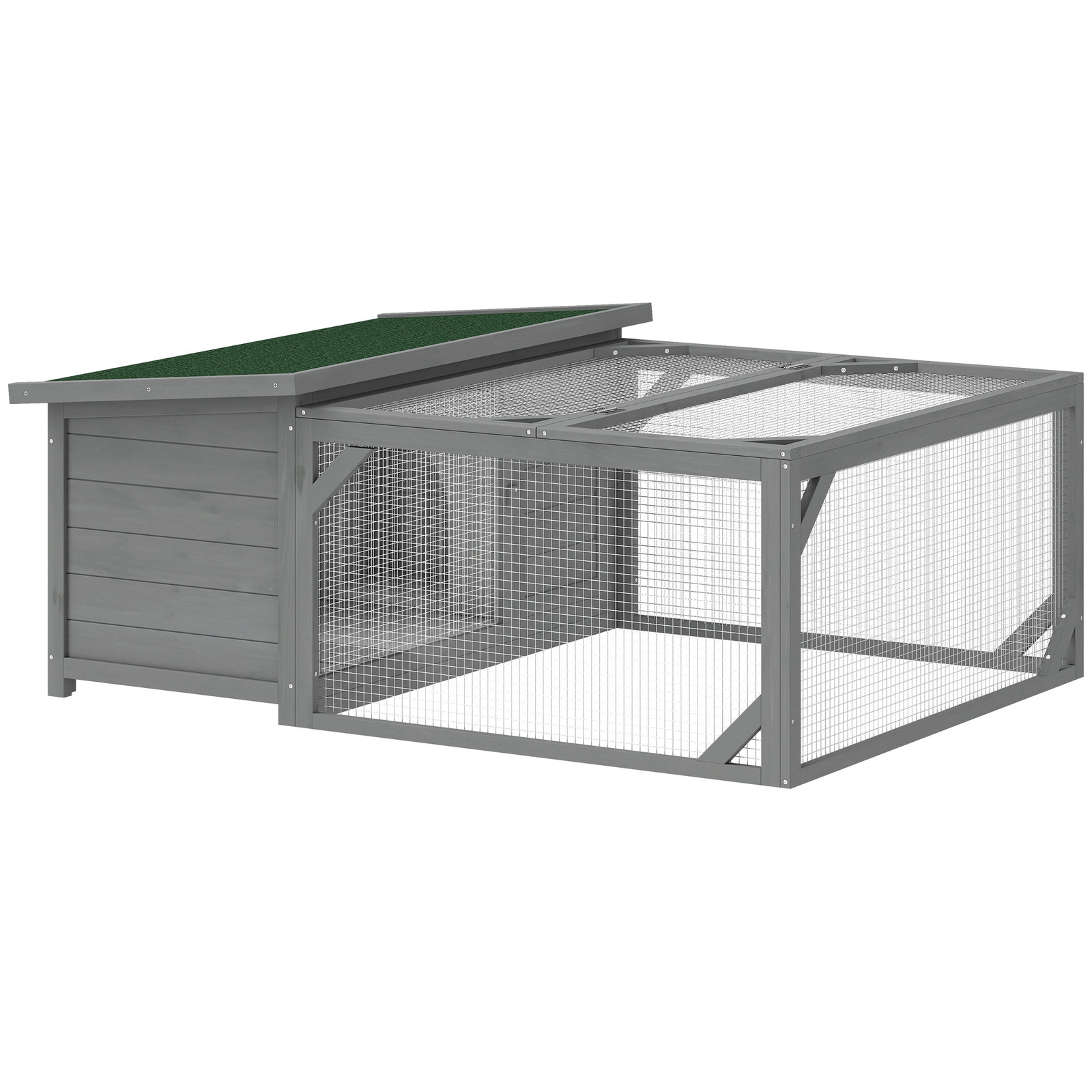 PawHut Konijnenhok met ren en opklapbaar bitumendak, Grijs, B/D/H: 125,5 x 100 x 49 cm
