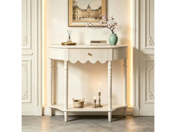 Massivholz Konsolentisch Mit Schublade, Schmaler Flurtisch Halbrund Massivholz-Konstruktion, Platzsparendes Design, Vintage-Akzente, Einfache Montage(White,39.4inW/100cm)