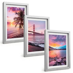 BILDER SET 3er Set - 20x30 cm Silberner Rahmen - Sonnenuntergangsbrücke Landschaft