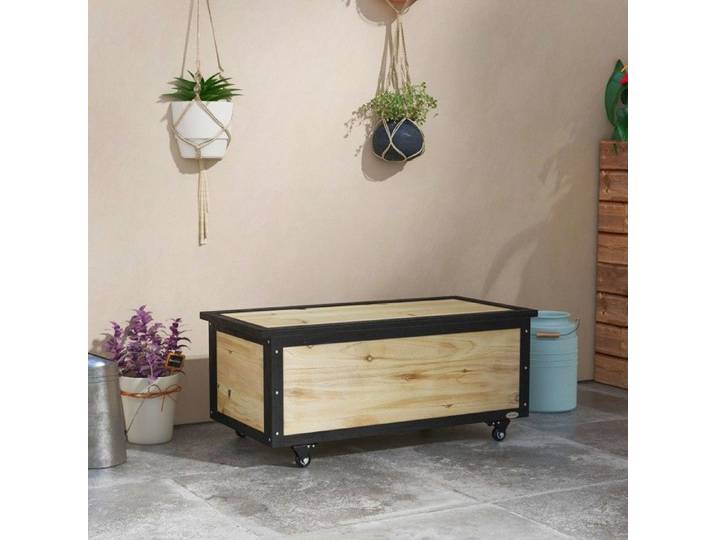 Coffre De Jardin Coffre Rangement Bois 121l Roulettes Résistant Intempéries Balcon&terrasse Couleur Naturelle