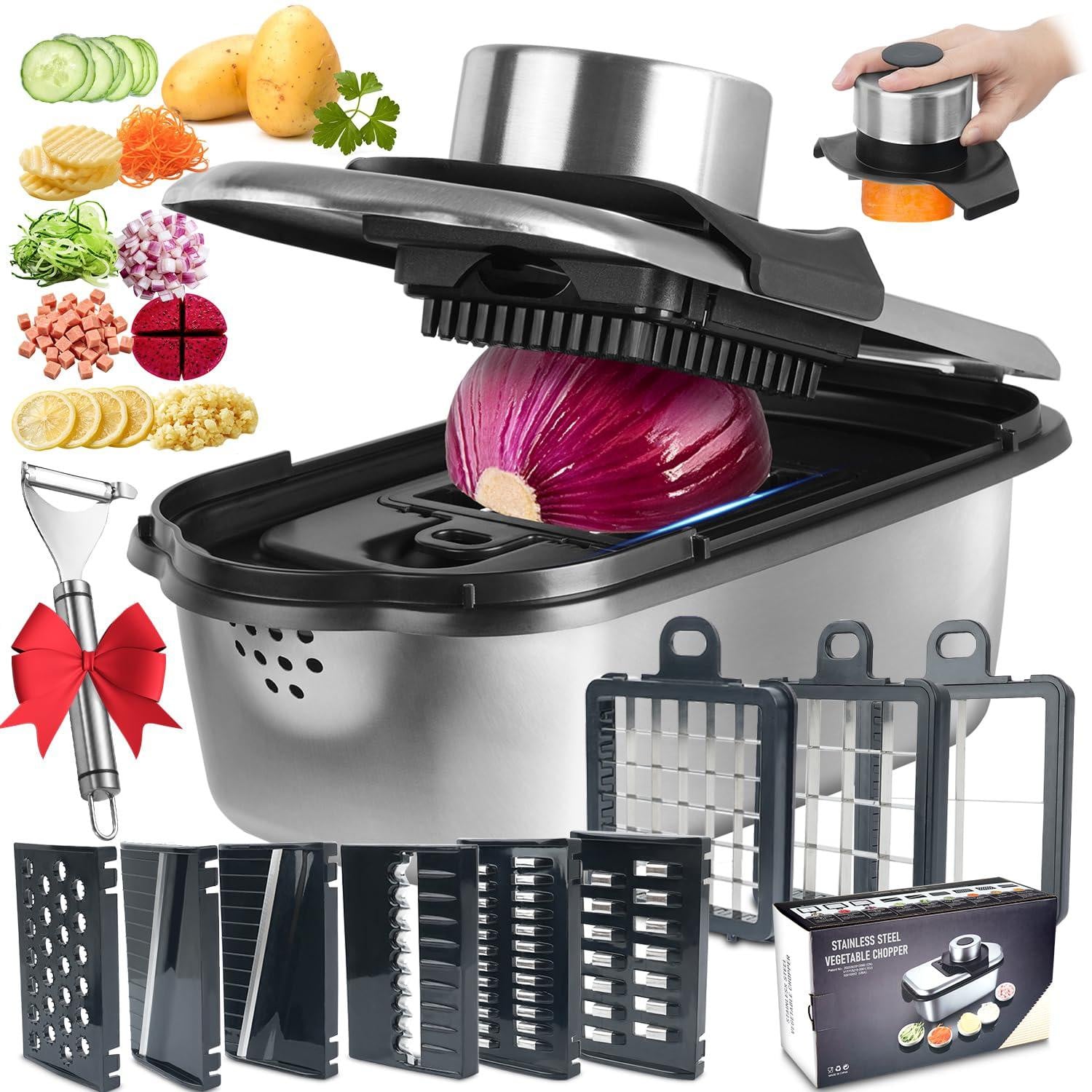 Dripio 9-in-1 multifunctionele groentesnijder met roestvrijstalen messen, 2 liter