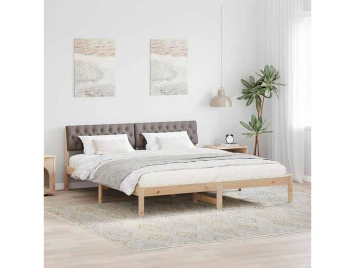 RJPLMFV Bettgestell, 180 x 200 cm, massives Kiefernholz, Taupe Gepolstertes Kopfteil zur Wandmontage, modernes Design, quadratische Füße, Lattenrost inklusive