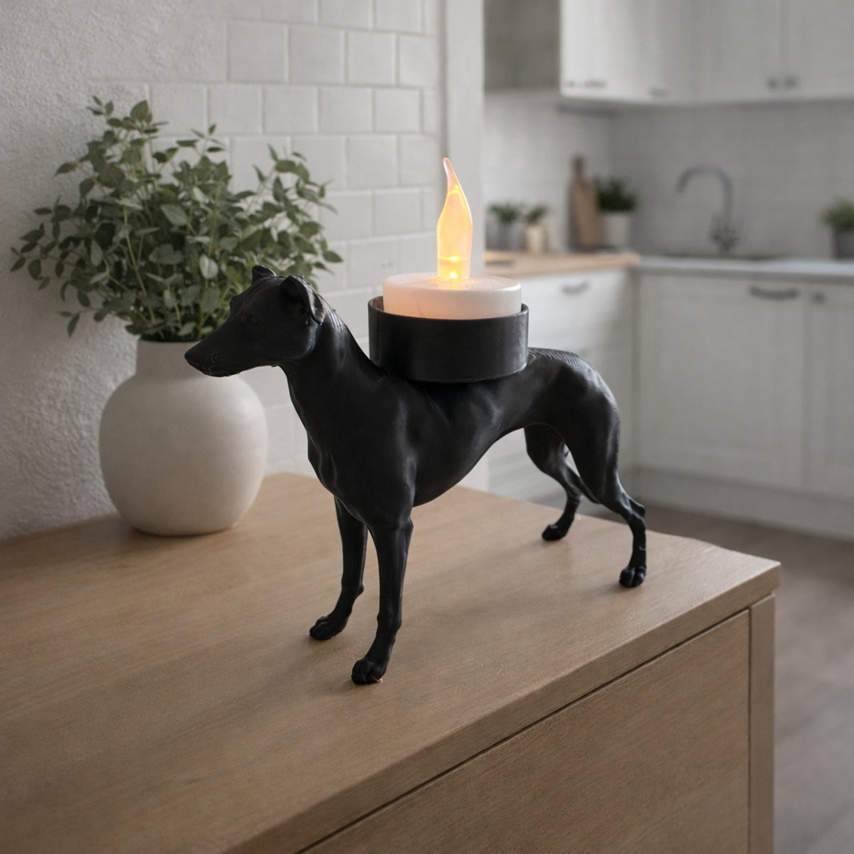 Waxinelichthouder Windhond - Zwart decoratief hondenbeeldje voor je interieur