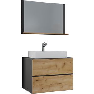 VCM Waschtisch Lendas, mit Spiegel, hängend, eiche / anthrazit, Aufsatzwaschbecken aus Keramik, (B/H/T) 80 x 52 x 52 cm