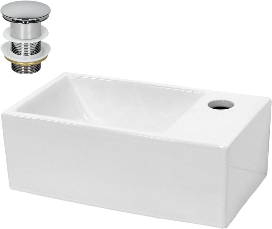 ECD Germany Lavabo blanco rectangular de cerámica con desagüe plateado 350