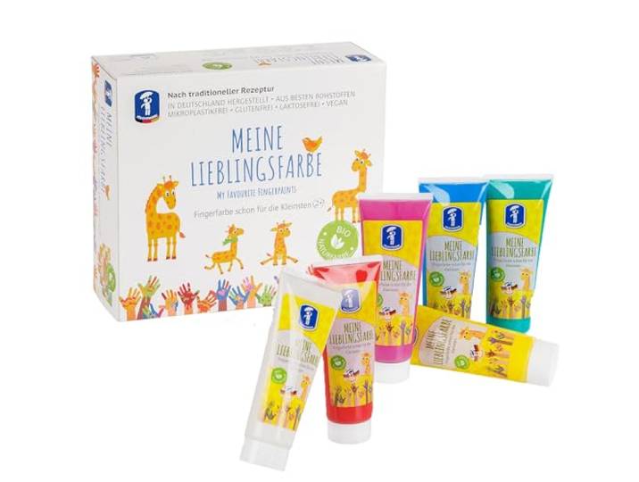 Feuchtmann MIJN LOEBLINGSKLEUR Basic - Kleurenset 6 x 75 g vingerverf in tubes, huidvriendelijke vingerverf op waterbasis, schilderkleuren uitwasbaar (vanaf 2 jaar)