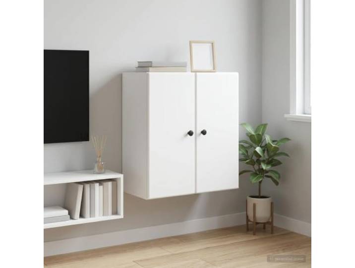Wandschrank Weiß 59 x 31 x 60 cm Holzwerkstoff Montierter Schrank Stauraum Wandmontage, platzsparend, 90°-Tür, Metallknöpfe, pflegeleichte Oberfläche, robuste Regalbretter, vielseitig einsetzbar