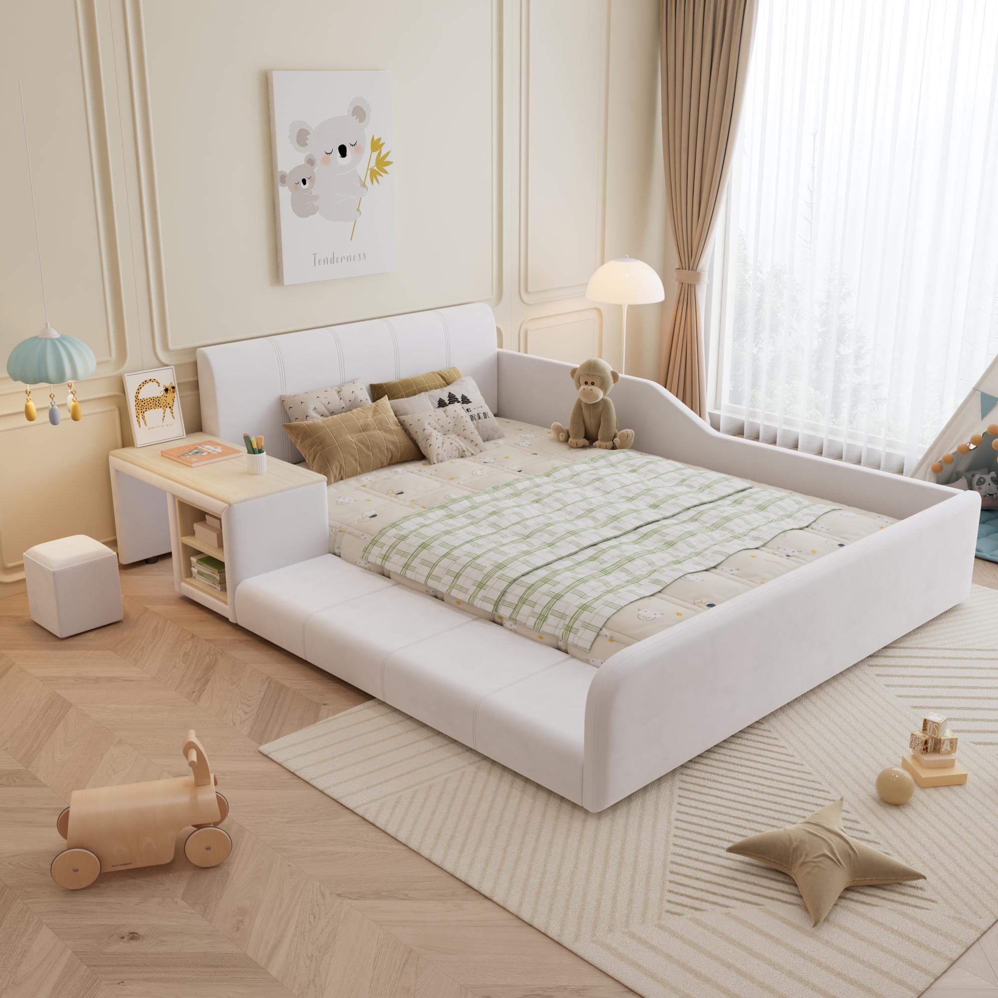 Flieks Polsterbett Kinderbett 140x200cm mit Schreibtisch und Hocker, Bodenbett Doppelbett mit Rausfallschutz, Holzbett mit Lattenrost, Samt, Weiß