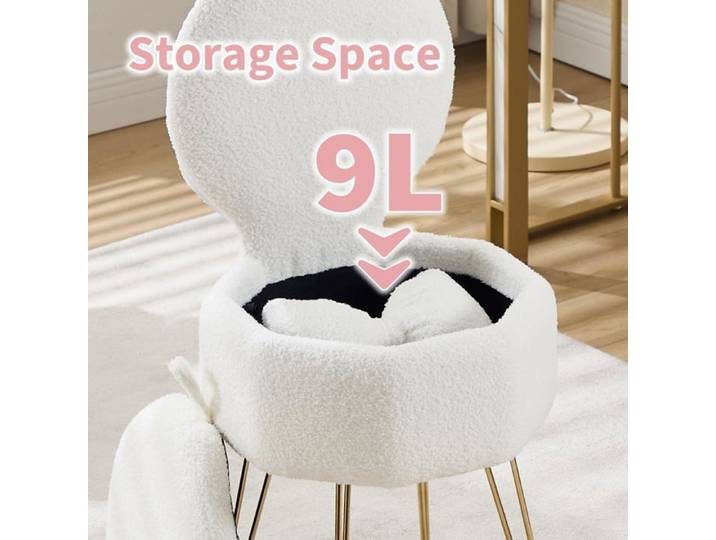 Tabouret de maquillage avec rangement – Dossier rabattable – Revêtement Sherpa – Coussin à nœud – 40x40x85 cm – Blanc