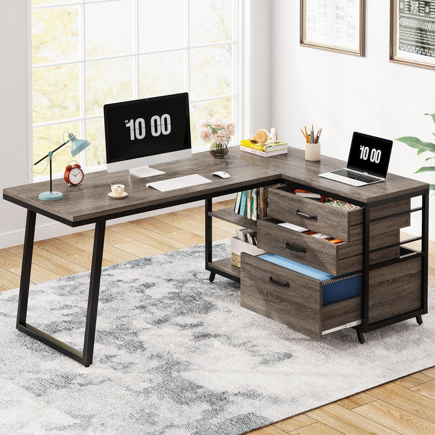 Tribesigns L-vormig bureau met 3 lades en planken, omkeerbaar hoekbureau voor thuiswerk, 134 cm