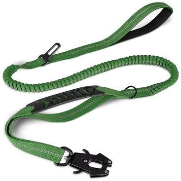 Inspired Finds Heavy Duty Tactical Bungee Dog Leash With Reflective Stitching And Car Seatbelt Clip For Large Dogs green