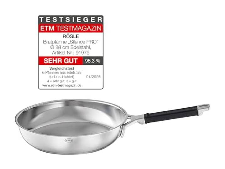 RÖSLE SILENCE PRO Bratpfanne, Hochwertige Pfanne aus Edelstahl mit Silikongriff, 28 cm, Edelstahl 18/10, induktionsgeeignet, spülmaschinengeeignet,Silberfarben/Schwarz