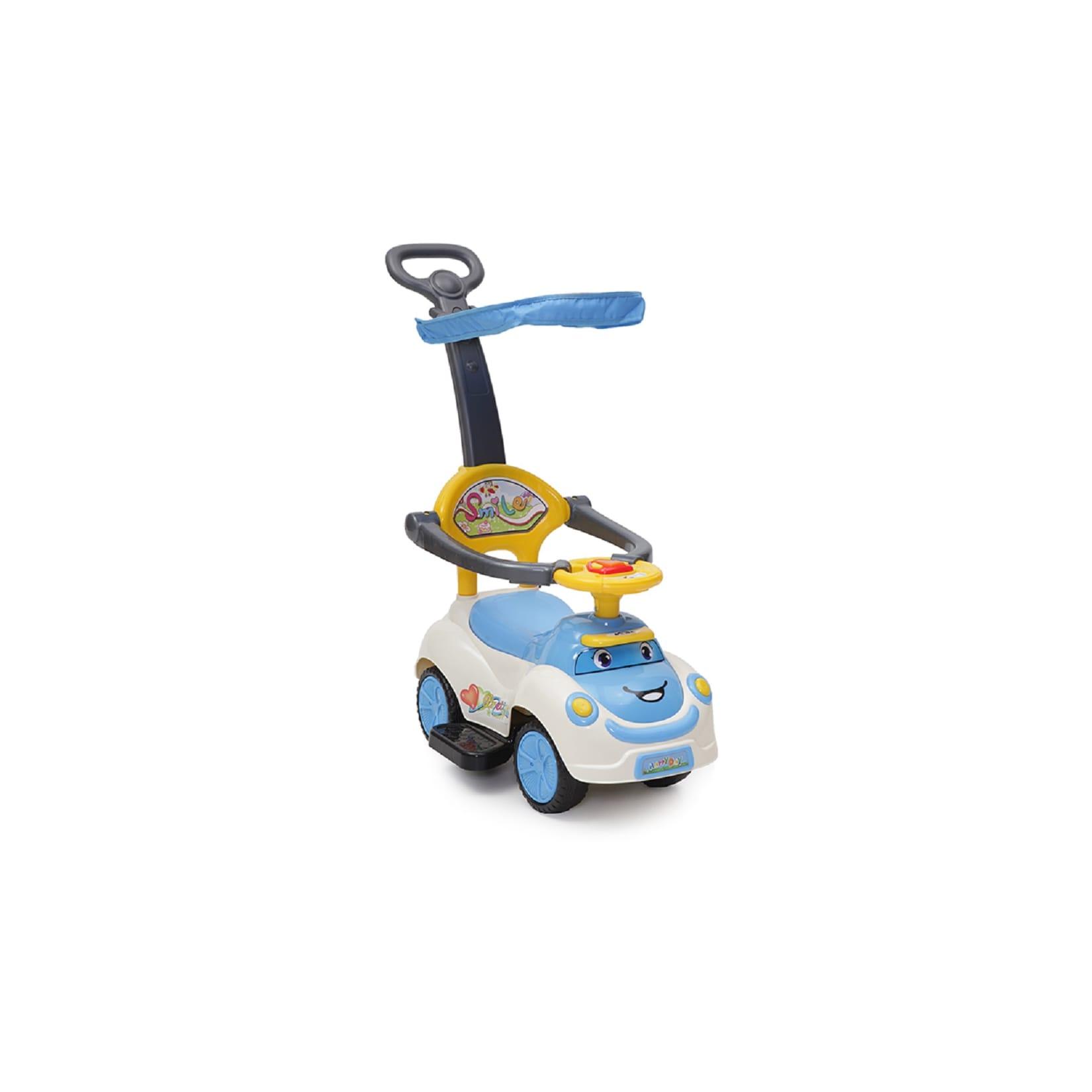 Rutschauto SMILE 3 in 1, Schubstange, Sonnendach, Fußstützen, Sicherheitsbügel blau