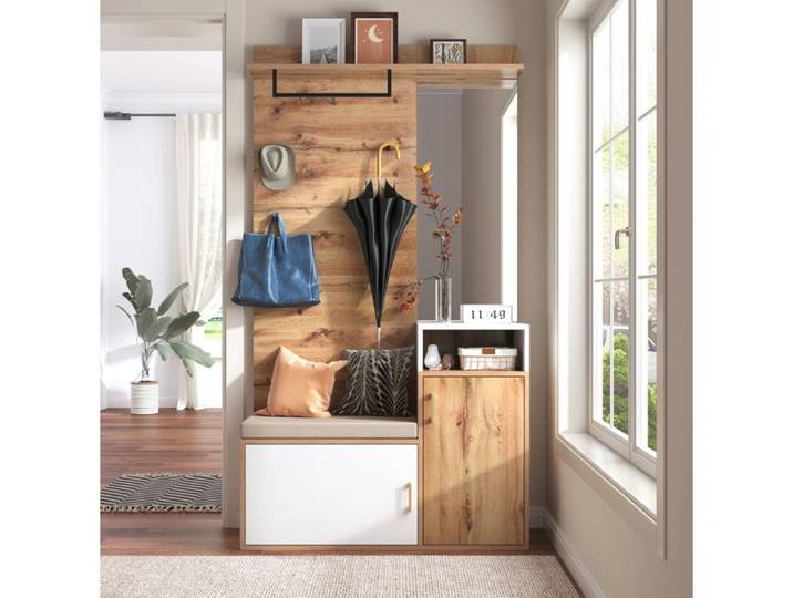 Meuble d'entrée vestiaire avec miroir range-chaussures banc d'assise crochets blanc et bois FOLYNA