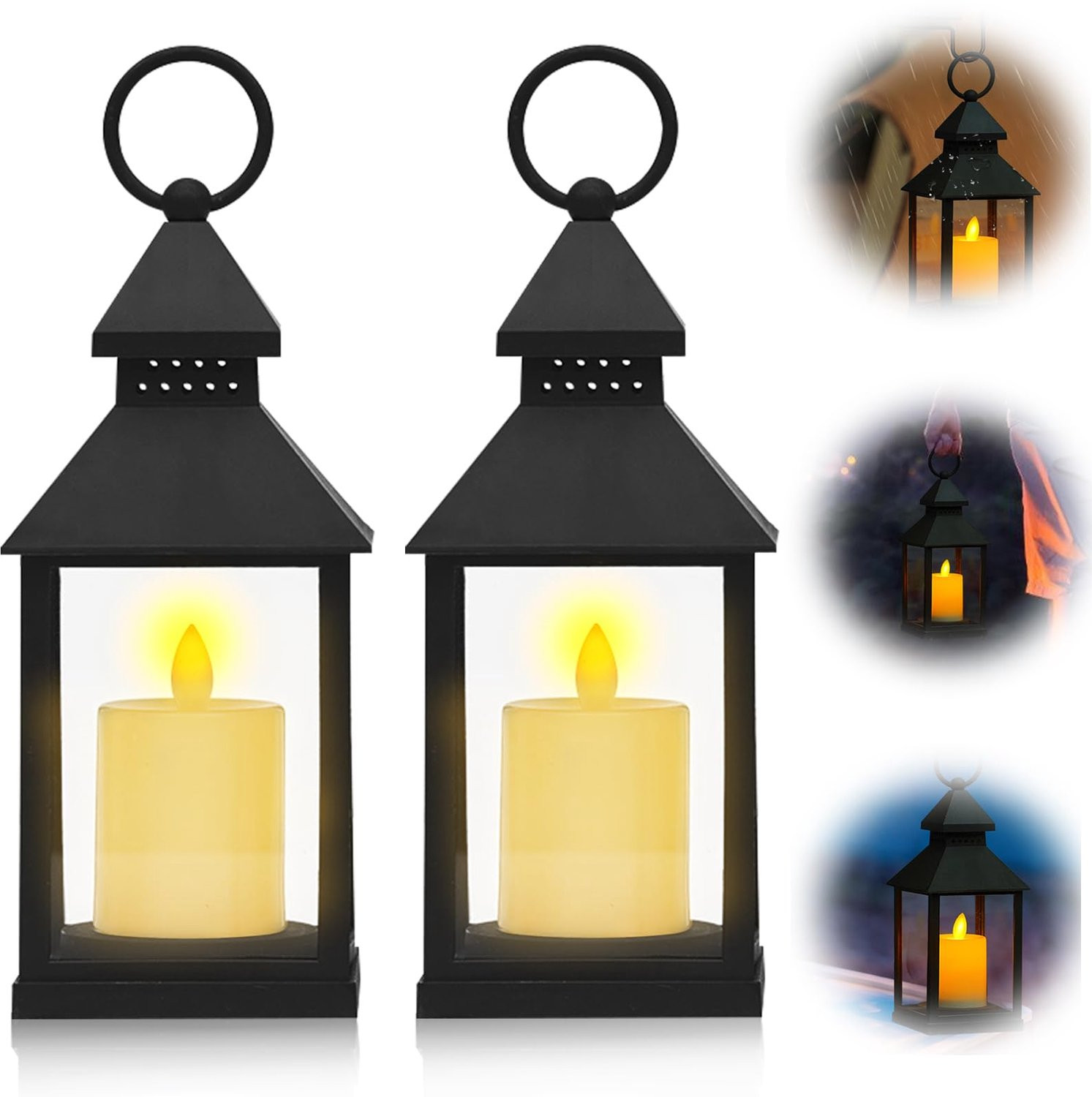 Set van 2 vintage glazen buitenlantaarns met LED-kaarsen en vlameffect