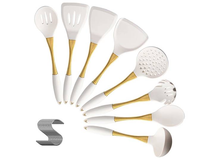 Ustensiles de cuisine en Silicone or blanc, ustensiles de cuisine, accessoires de cuisine, tourneur de spatule, passoire à pâtes résistante à la chaleur, pelle 8 pièces