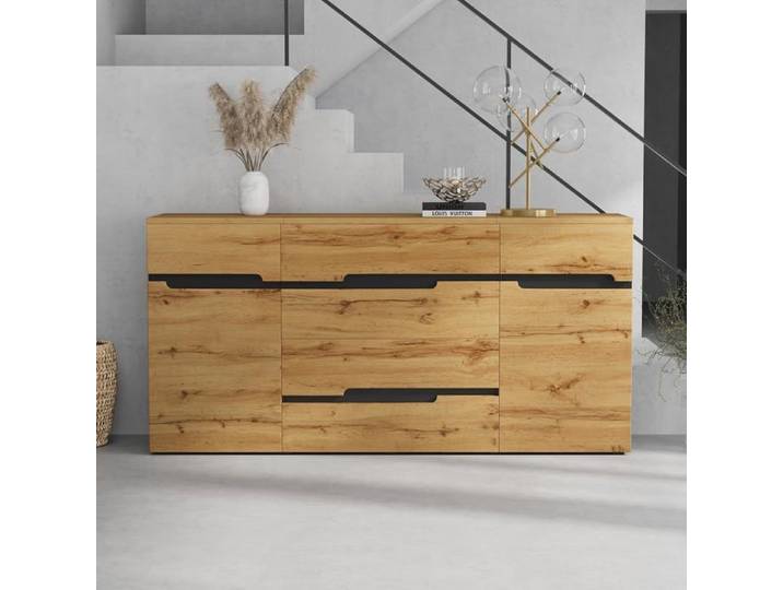 Buffets salon 160x40x80cm Buffets avec 2 portes D'armoires 4 tiroirs Casiers larges sans poignée Pour salle à manger bois+noir