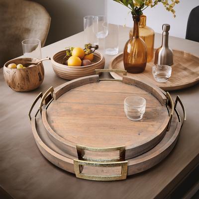 "Sagebrook Home's Maxwell Round Wood Trays - Natural Mango Wood & Aluminum, Set of 2 - 26"" x 26"" x 4"""