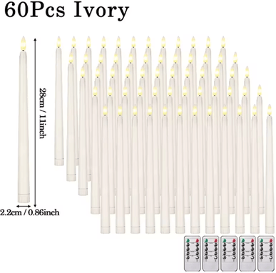 Inspire Picks Flameless LED Taper Candles Set Battery Operated Flickering Candles For Wedding & Home Decor ivory 60pcs